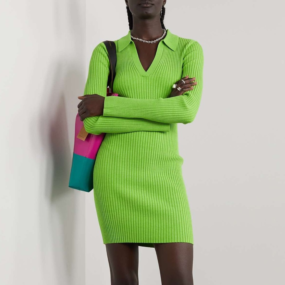 Helmut Lang green Mark ribbed knit polo mini dress
